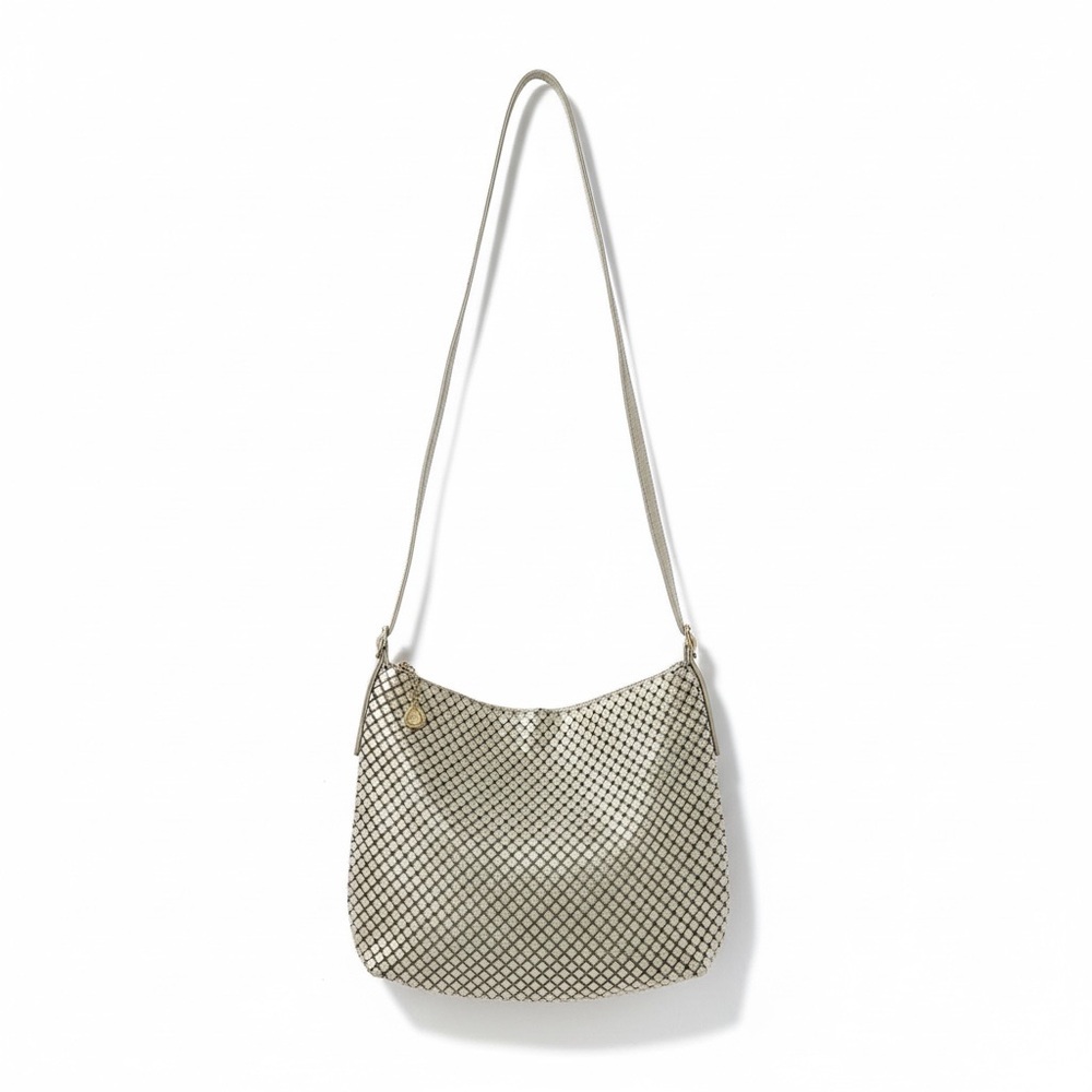 Vintage Whiting & Davis Cream and Tan Mesh Crossbody Bag with gold trim